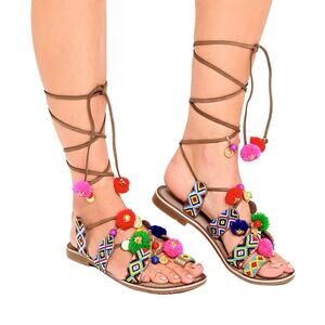 Chinese Laundry POSH Leather Lace Up Sandals Size 8 Cognac Pompoms Beads NWOB